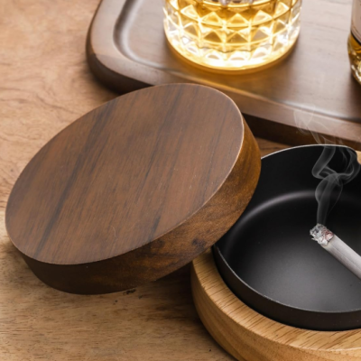 Wooden Ashtray with Stainless Steel Insert and Lid
