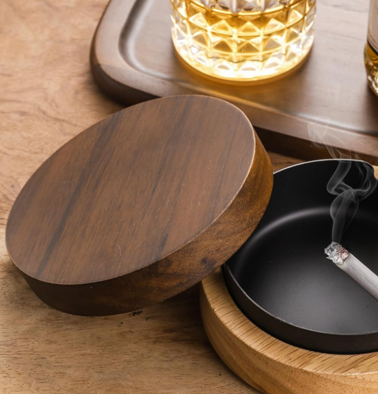 Wooden Ashtray with Stainless Steel Insert and Lid