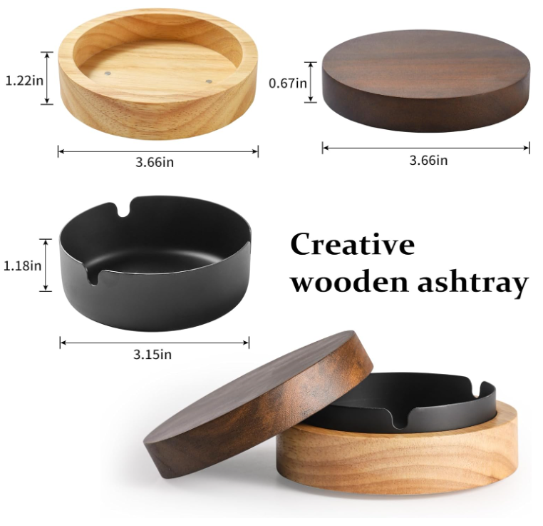 Wooden Ashtray with Stainless Steel Insert and Lid - Image 2