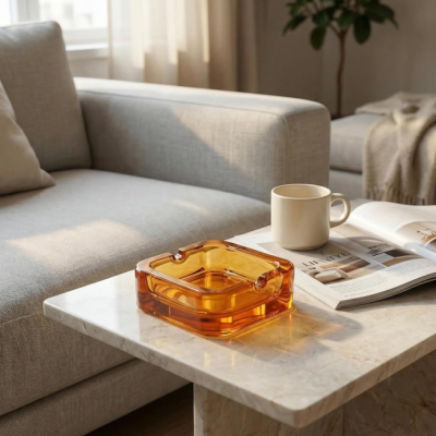 Vintage Amber Crystal Glass Ashtray