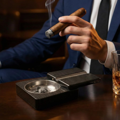Solid Wood Single Cigar Ashtray with Metal Tray